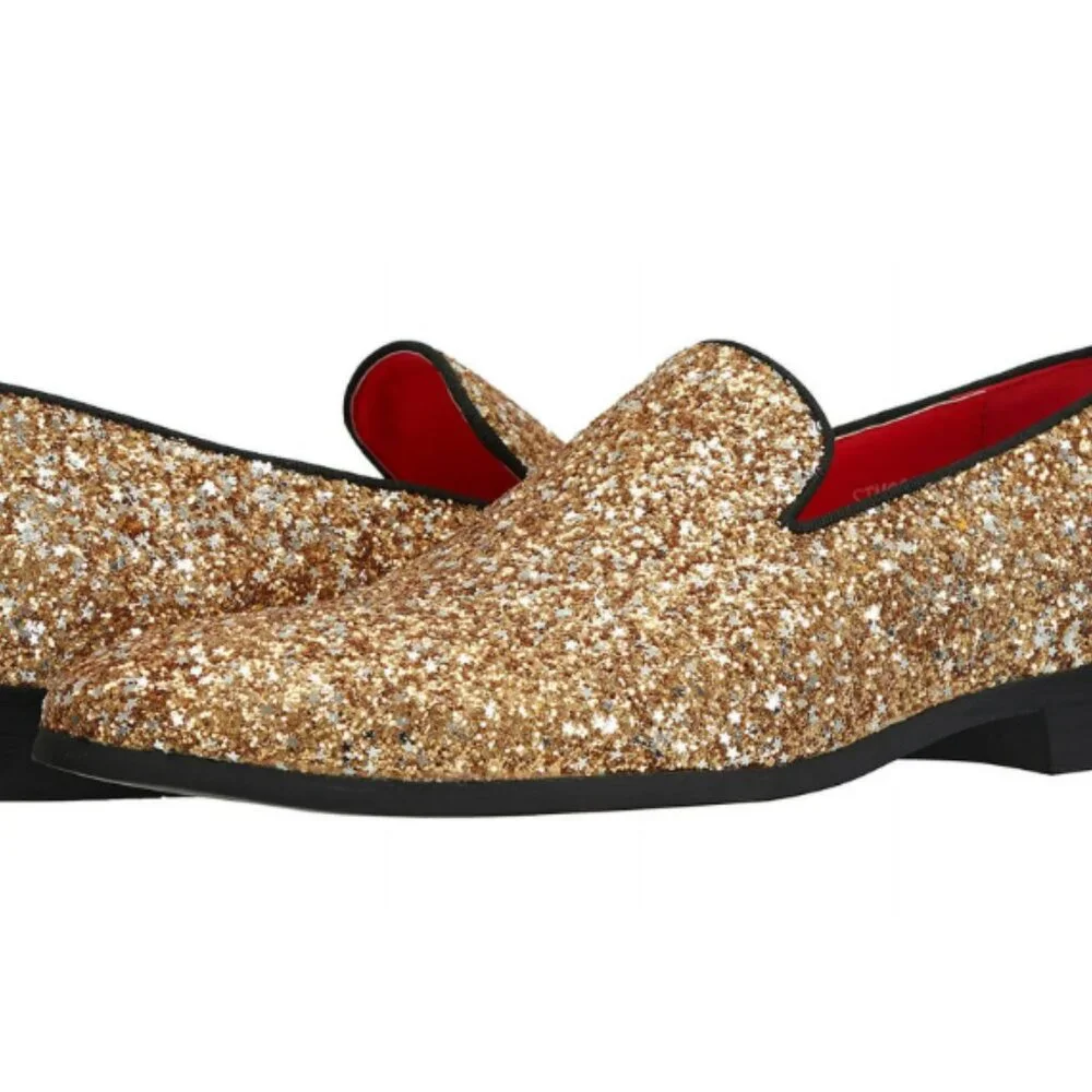 Santimon Men's US 9.5 - 12.5 Gold Sequins Glitter Smoking Loafers Dress Shoes  P